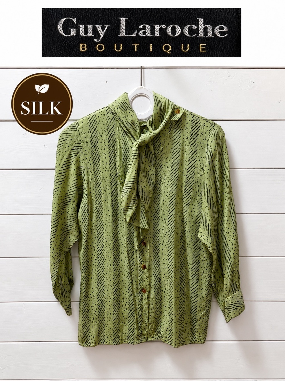 Guy Laroche Boutique Vintage Silk Blouse – Green Print – Size 42